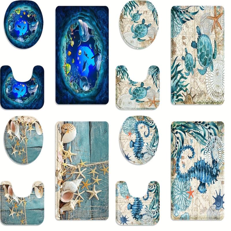 3PCs Ocean Flannel Toilet Floor Mat Set Non slip Thickened Absorbent Quick dry
