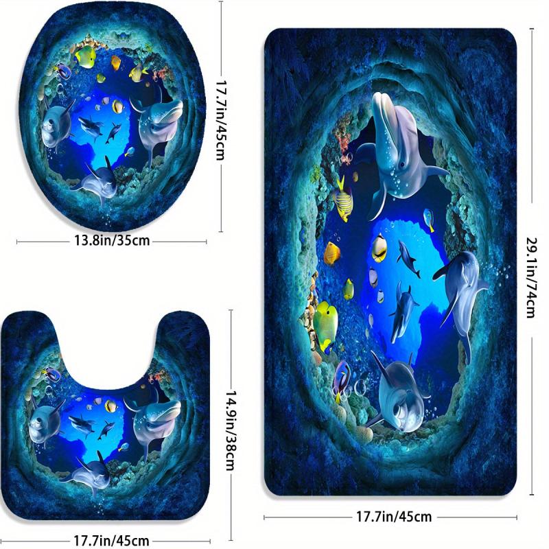 3PCs Ocean Flannel Toilet Floor Mat Set Non slip Thickened Absorbent Quick dry