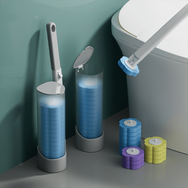 Wall Mounted Toilet Brush Set with Cleaning Liquid - Disposable Holder & Refills