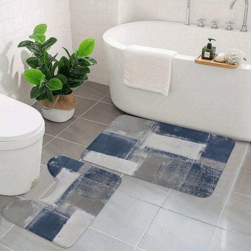 2pcs Non Slip Bathroom Mat Set Absorbent U Shape Toilet Rug Shower Decor