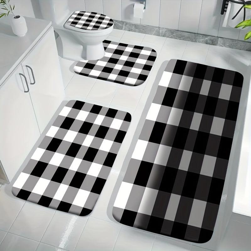 4pcs Plaid Velvet Sponge Bath Mat Set Non Slip Toilet Rug for Bathroom Decor