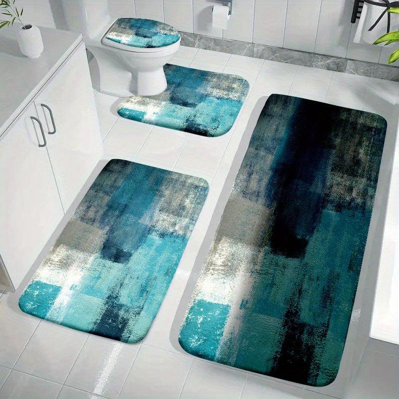 4pcs Plaid Velvet Sponge Bath Mat Set Non Slip Toilet Rug for Bathroom Decor