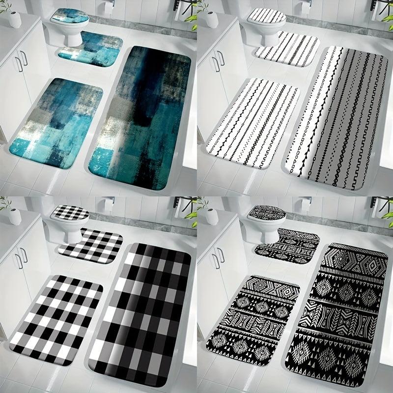 4pcs Plaid Velvet Sponge Bath Mat Set Non Slip Toilet Rug for Bathroom Decor