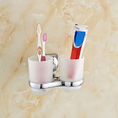 Silver Dual Toothbrush Holder with 2 Glass Cups Bathroom Accessory