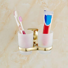 Silver Dual Toothbrush Holder with 2 Glass Cups Bathroom Accessory