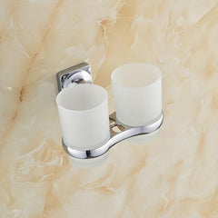 Silver Dual Toothbrush Holder with 2 Glass Cups Bathroom Accessory