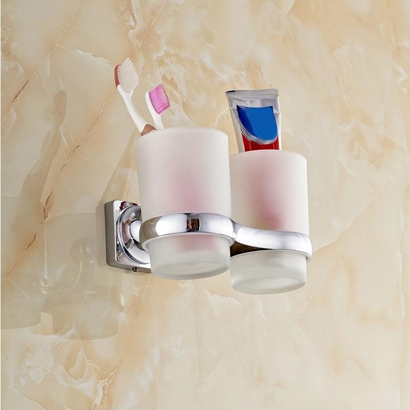 Silver Dual Toothbrush Holder with 2 Glass Cups Bathroom Accessory