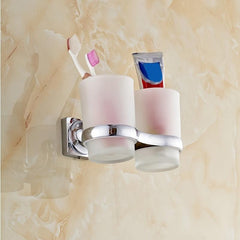 Silver Dual Toothbrush Holder with 2 Glass Cups Bathroom Accessory