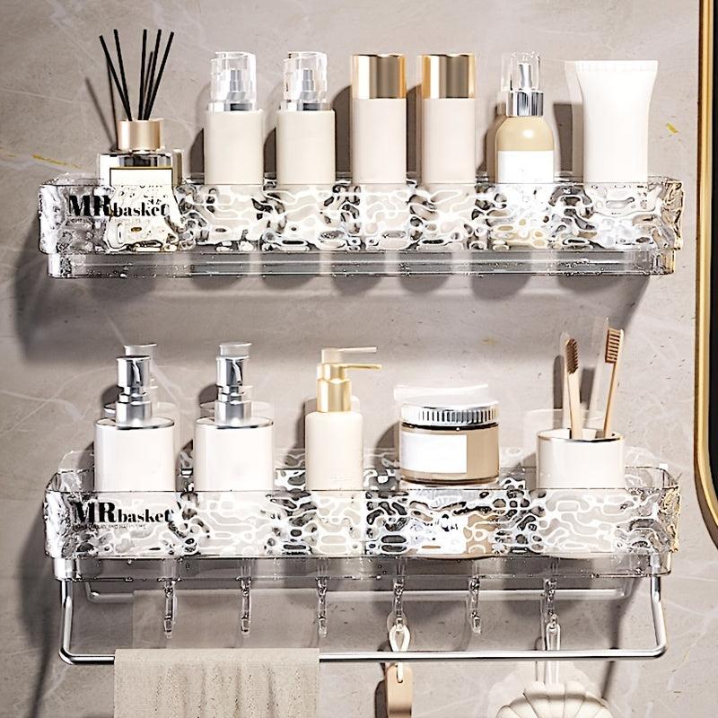 Wall Mount Bathroom Storage Rack with Hooks & Tray