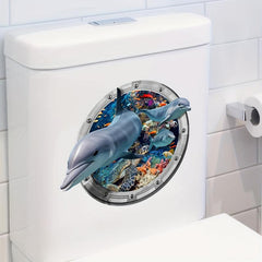 Cartoon 3D Dolphin Diving Mirror Toilet Sticker Bathroom Decoration 25x9in