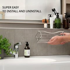 Self Adhesive Stainless Steel Bathroom Storage Rack with Hanging Basket