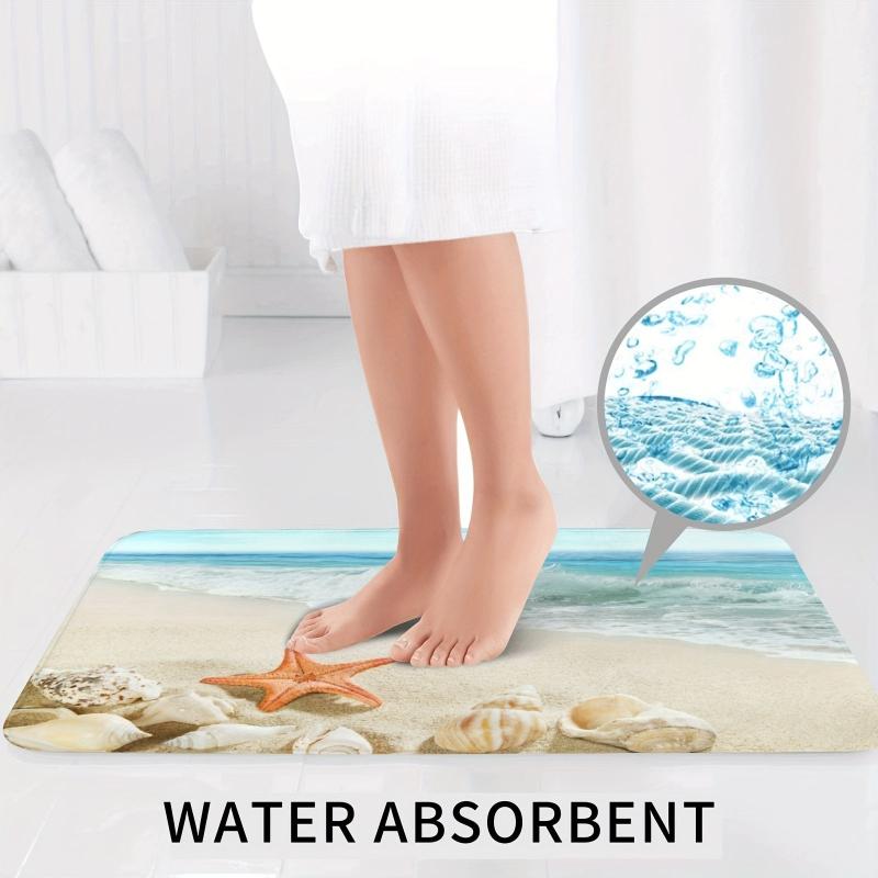 3pcs Non Slip Starfish Seashell Bathroom Mat Set Washable Flannel Floor Mat