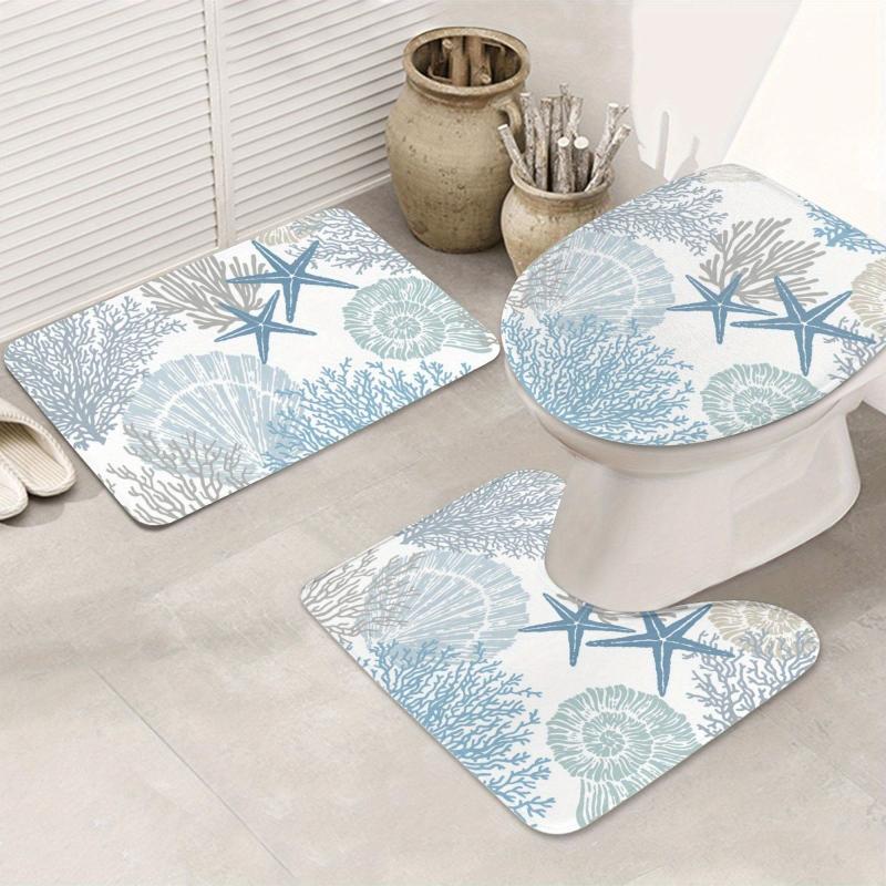 3pcs Non Slip Starfish Seashell Bathroom Mat Set Washable Flannel Floor Mat