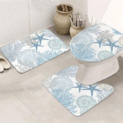 3pcs Non Slip Starfish Seashell Bathroom Mat Set Washable Flannel Floor Mat