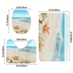 3pcs Non Slip Starfish Seashell Bathroom Mat Set Washable Flannel Floor Mat