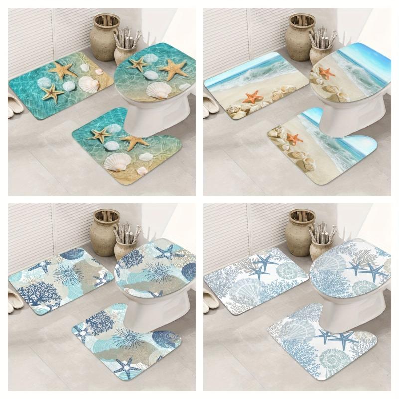 3pcs Non Slip Starfish Seashell Bathroom Mat Set Washable Flannel Floor Mat