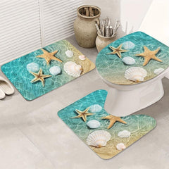 3pcs Non Slip Starfish Seashell Bathroom Mat Set Washable Flannel Floor Mat