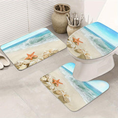 3pcs Non Slip Starfish Seashell Bathroom Mat Set Washable Flannel Floor Mat