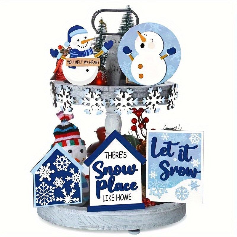 Winter Tiered Tray Decor Set Snowman Snowflake Wooden Signs Christmas