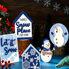 Winter Tiered Tray Decor Set Snowman Snowflake Wooden Signs Christmas