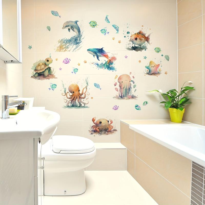 2pcs Ocean Animal Bathtub Appliques Self-adhesive Wall Decals Toilet Decor