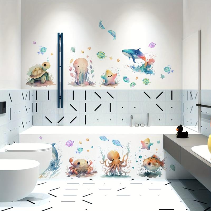 2pcs Ocean Animal Bathtub Appliques Self-adhesive Wall Decals Toilet Decor