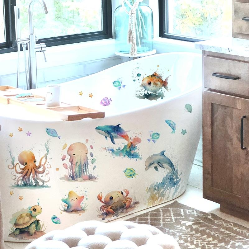 2pcs Ocean Animal Bathtub Appliques Self-adhesive Wall Decals Toilet Decor
