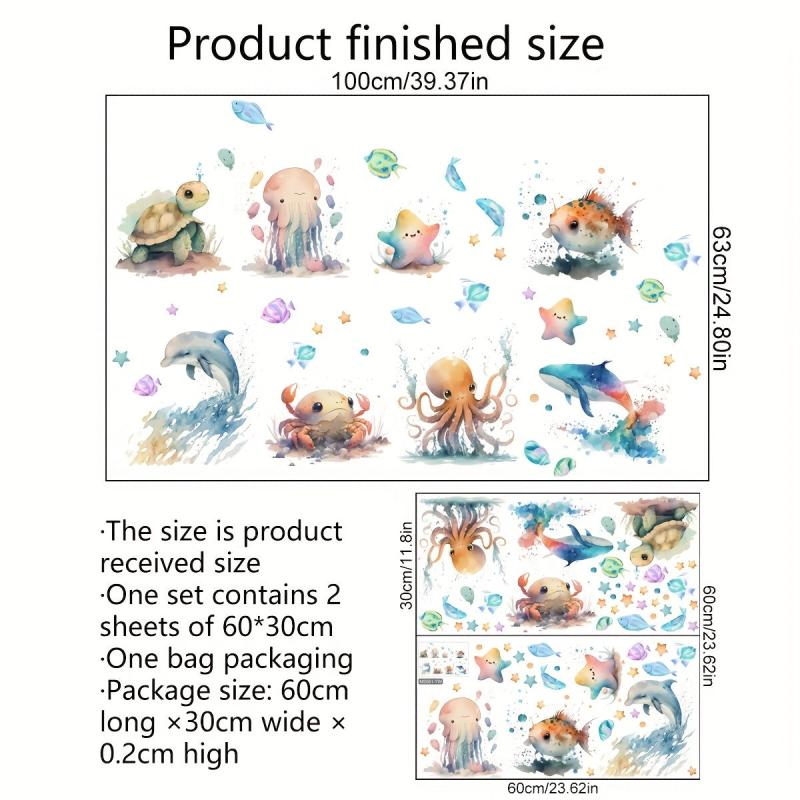 2pcs Ocean Animal Bathtub Appliques Self-adhesive Wall Decals Toilet Decor