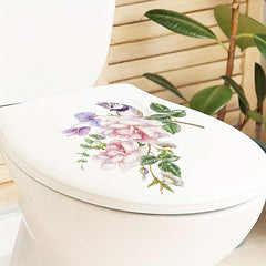 Flower Bird Pattern Toilet Lid Decal Self Adhesive Sticker