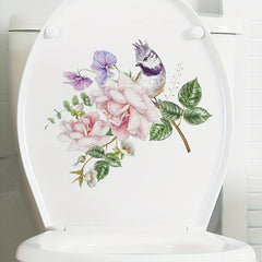 Flower Bird Pattern Toilet Lid Decal Self Adhesive Sticker