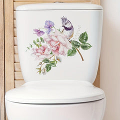 Flower Bird Pattern Toilet Lid Decal Self Adhesive Sticker