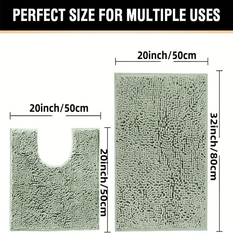 2pcs Chenille Bath Mat Set Soft and Absorbent Machine Washable U Shape Rugs
