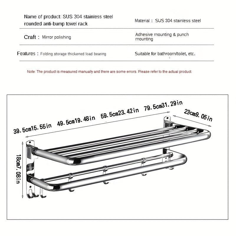 304 Stainless Steel Towel Rack Shelf with Bar, Folding Clothes Storage Towel Hol
