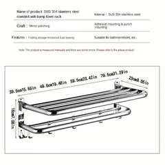 304 Stainless Steel Towel Rack Shelf with Bar, Folding Clothes Storage Towel Hol