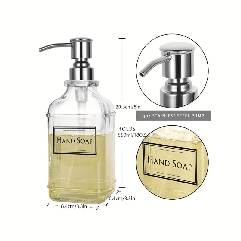 18oz Clear Glass Soap Dispenser with Stainless Steel Pump and Stickers