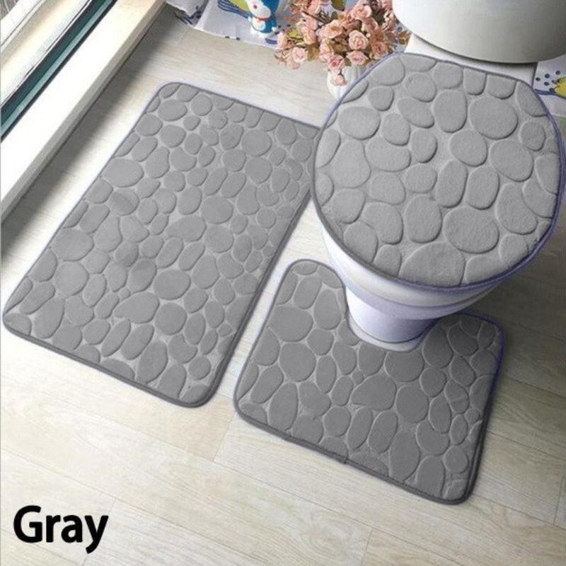 3pcs Anti Slip Cobblestone Bathroom Mat Set with Water Absorption - U Shaped