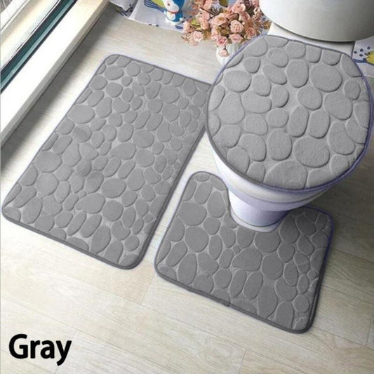 3pcs Anti Slip Cobblestone Bathroom Mat Set with Water Absorption - U Shaped