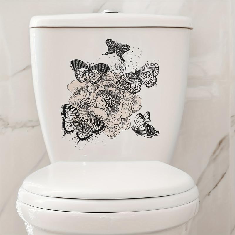 Plant Flowers Butterfly Toilet Stickers Bathroom Self Adhesive Accessories