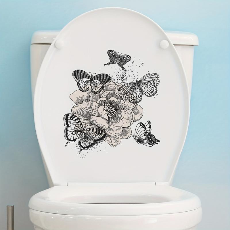 Plant Flowers Butterfly Toilet Stickers Bathroom Self Adhesive Accessories