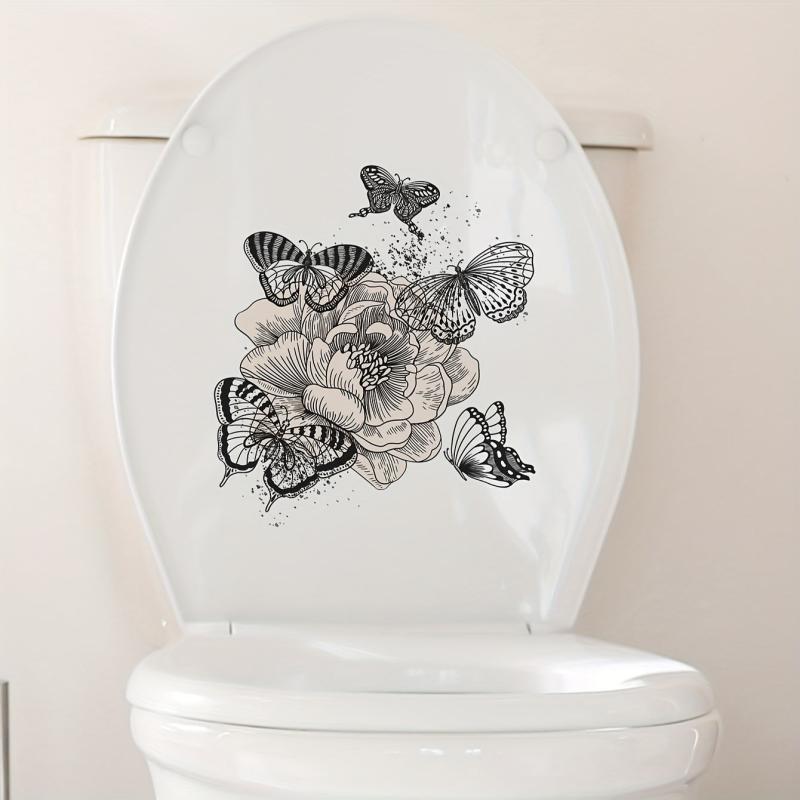 Plant Flowers Butterfly Toilet Stickers Bathroom Self Adhesive Accessories