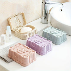 Waterproof Rose Carved Soap Dish with Lid Bathroom Drain Soap Holder