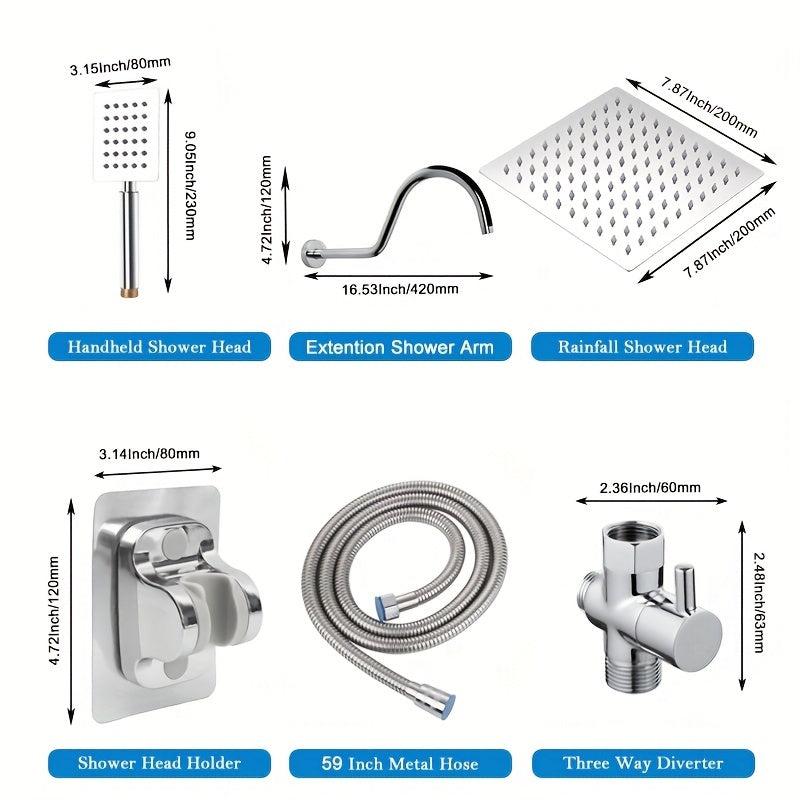 High Pressure 20 Rain Shower Head with Handheld Shower, 149 Hose, 3 Way Diverter