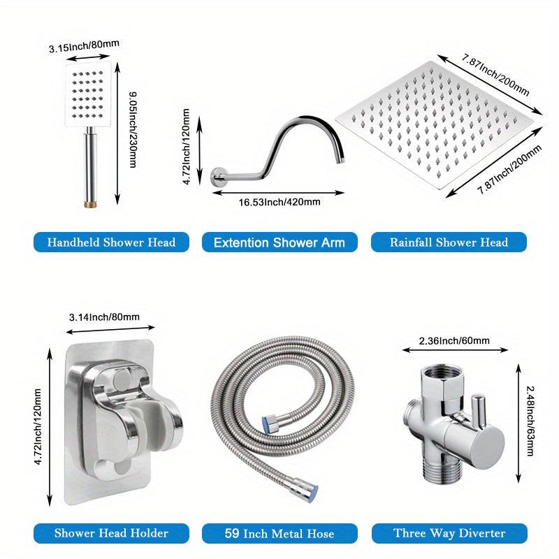 High Pressure 20 Rain Shower Head with Handheld Shower, 149 Hose, 3 Way Diverter