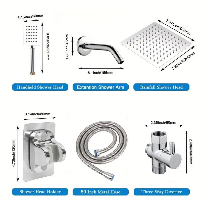 High Pressure 20 Rain Shower Head with Handheld Shower, 149 Hose, 3 Way Diverter