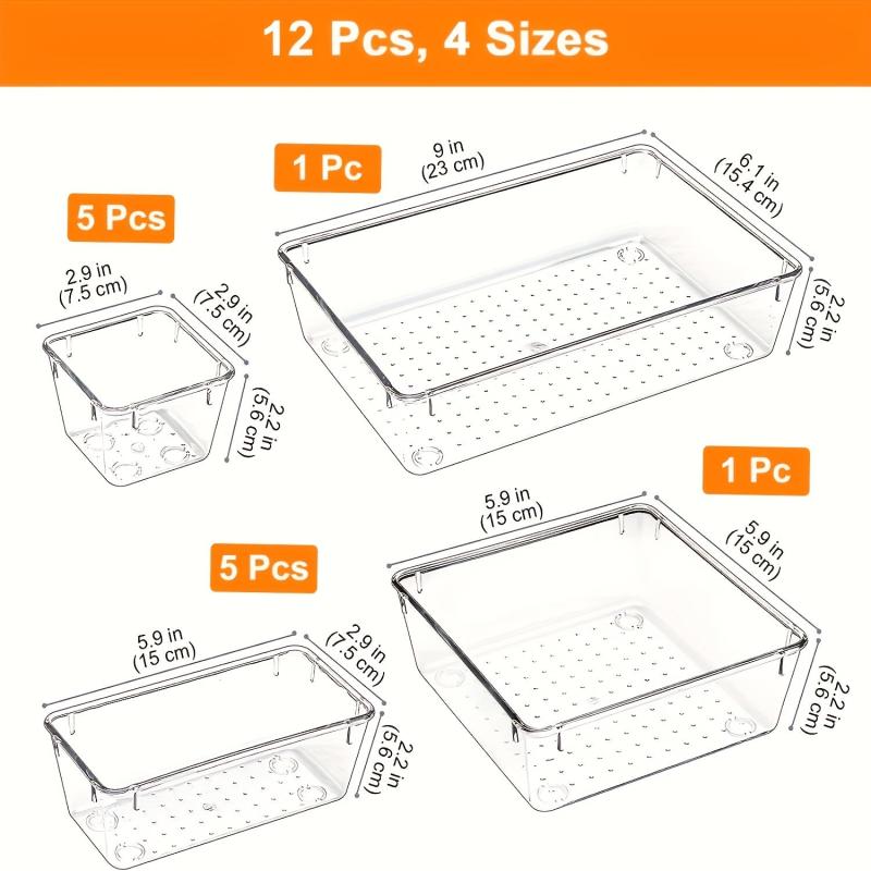 12pcs Drawer Organizer Trays Transparent Plastic Customize Layout Storage Bins