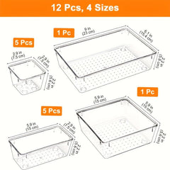 12pcs Drawer Organizer Trays Transparent Plastic Customize Layout Storage Bins