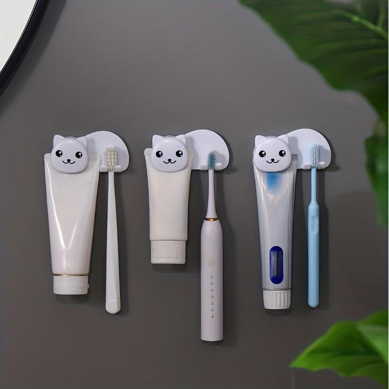 Cat Pattern Toothbrush Holder Wall Mounted Toothbrush Toothpaste Storage Rack