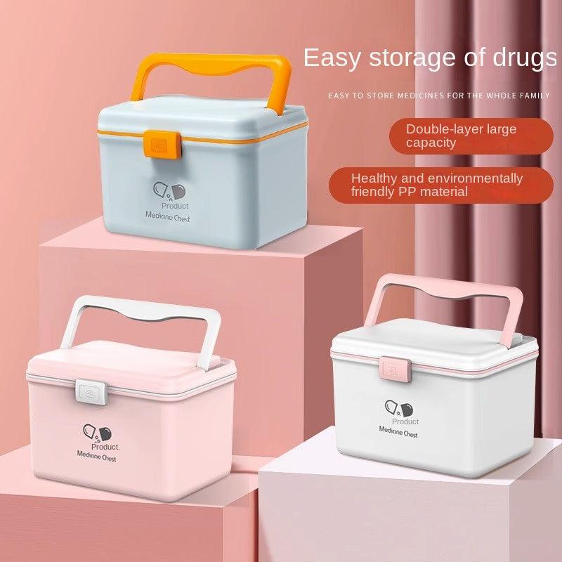 Portable 2-Layer Medicine Storage Box with Buckle & Handle