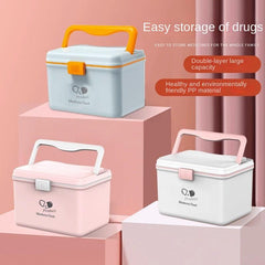 Portable 2-Layer Medicine Storage Box with Buckle & Handle