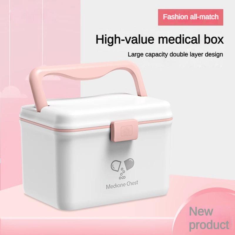 Portable 2-Layer Medicine Storage Box with Buckle & Handle